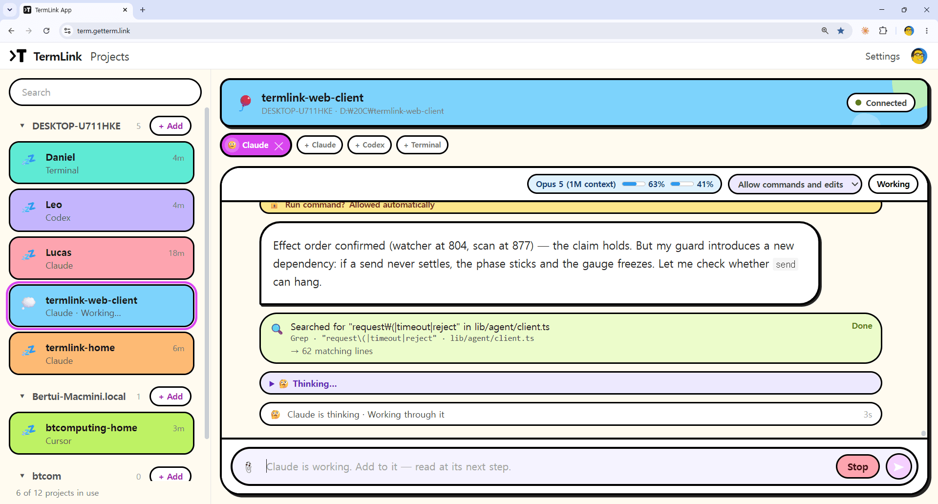 TermLink open at term.getterm.link. The left column lists three machines with their Claude, Codex, Cursor and terminal sessions; the open one is a Claude session mid-run, with tabs to add another agent, an approval setting and a Stop button.