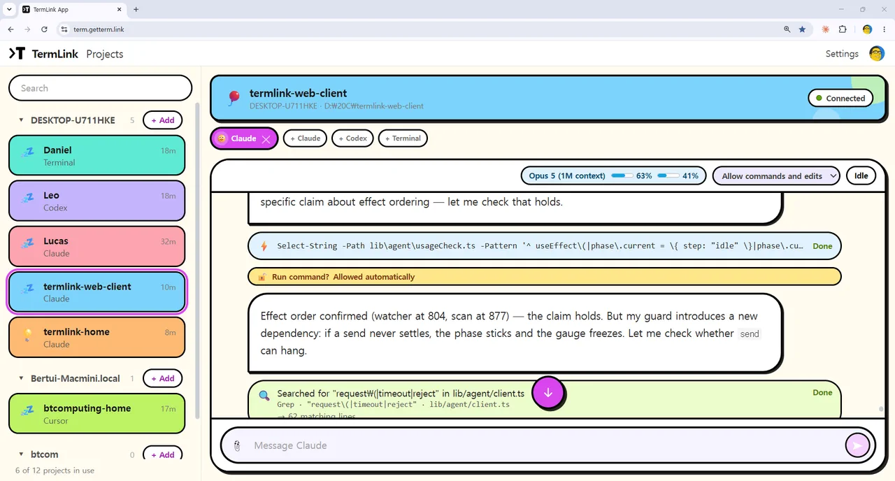 The TermLink session list and a running Claude session in the Playful Brutalism theme: Terminal, Codex, Claude and Cursor sessions as flat mint, lavender, pink and orange cards, all outlined in thick black rounded borders.