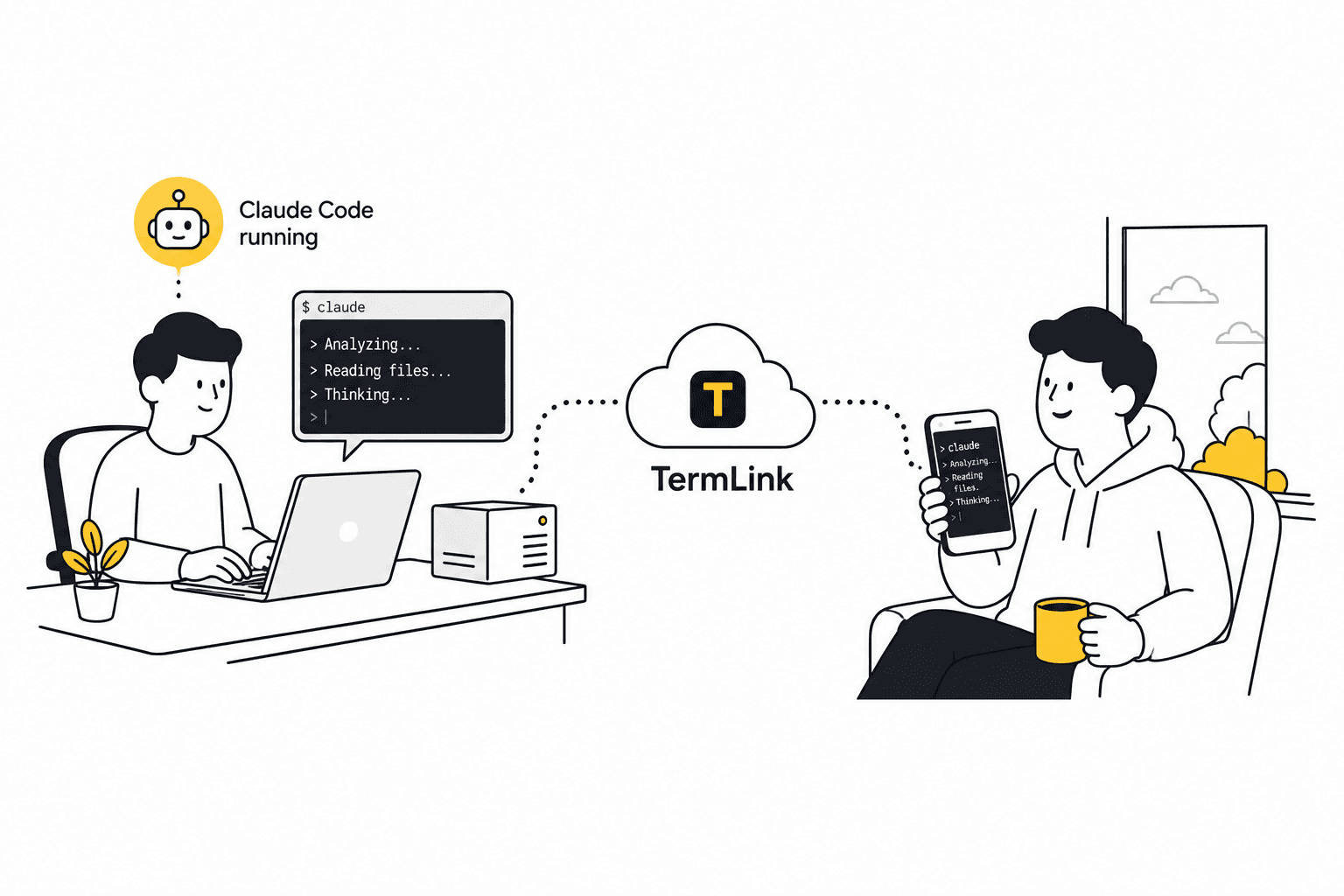 Claude Code running on a machine at a desk, relayed through TermLink to the same person checking it on a phone from a sofa
